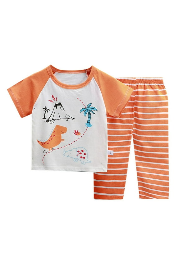 2 Piece Boy Outfits Kids Cartoon Print Short Sleeve T Shirt and Striped Pants Suits,3-6 M