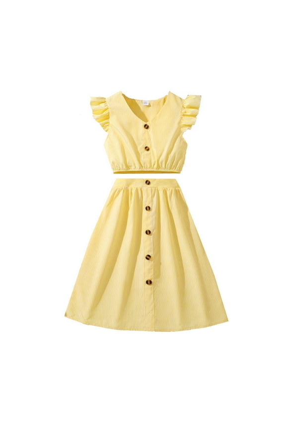 2 Piece Outfits Girls Kids Buttoned Striped Ruffle Tank Top and Elastic Waist Skirt Clothes Suits,11-12 Y
