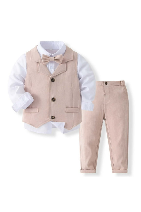 2 Piece Outfits for Boys Baby Long Sleeve Lapel Bow Tuxedo Gentleman Shirt Vest Pants Baby Relaxed Fit Boy's Clothes Suits,5-7 Y