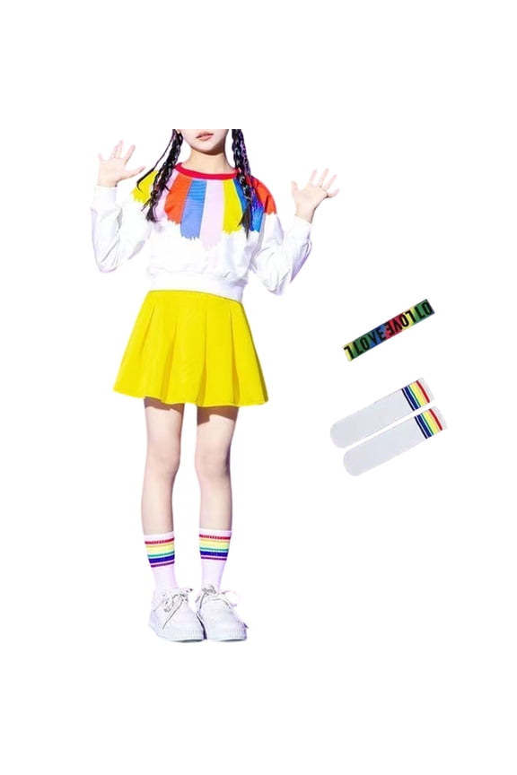 2 Piece Outfits for Girls Rainbow Long Sleeve Tops Dress Kids Socks and Hairband 4 Piece Clothes Set,11-12 Y
