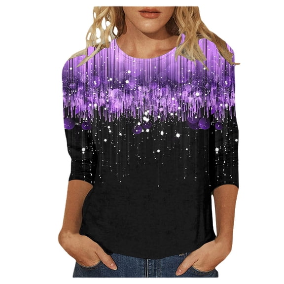 Tiweut 2026 Womens 3/4 Sleeve Tops Mardi Gras T Shirt Round Neck Sequin Printed Blouse,Black