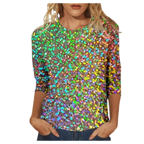 Tiweut 2026 Womens 3/4 Sleeve Tops Mardi Gras T Shirt Round Neck Sequin Printed Blouse,Green