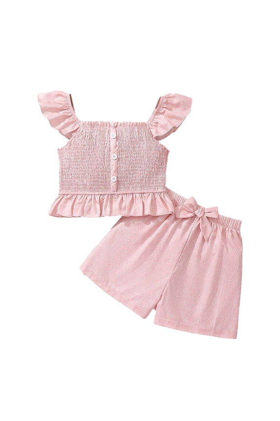 2PCS Outfits Girls Summer Sleeveless Ruffle Top and Bow Shorts Solid Color Suit,11-12 Y