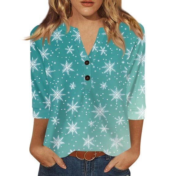 Tiweut 3/4 Length Sleeve Womens Tops Henley V Neck Summer Shirts Casual Elbow Length Button Down Shirt Floral Print Blouses,Mint Green,M