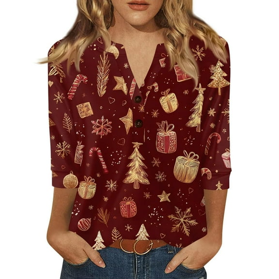 Tiweut 3/4 Length Sleeve Womens Tops Henley V Neck Summer Shirts Casual Elbow Length Button Down Shirt Floral Print Blouses,Red1,XL