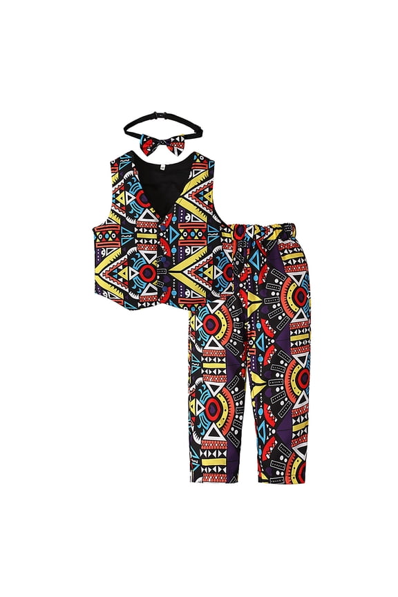 3 Piece Boy Outfits Kids African Print Vest Pants and Headband Ankara Clothing,12-18 M