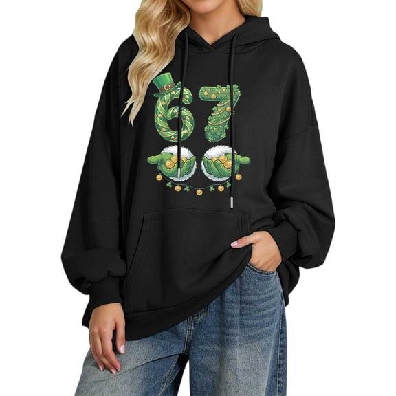 Tiweut 67 St. Patrick's Day Hoodie for Women Funny Top Six Seven Meme Hooded Sweatshirt Pullover,Black