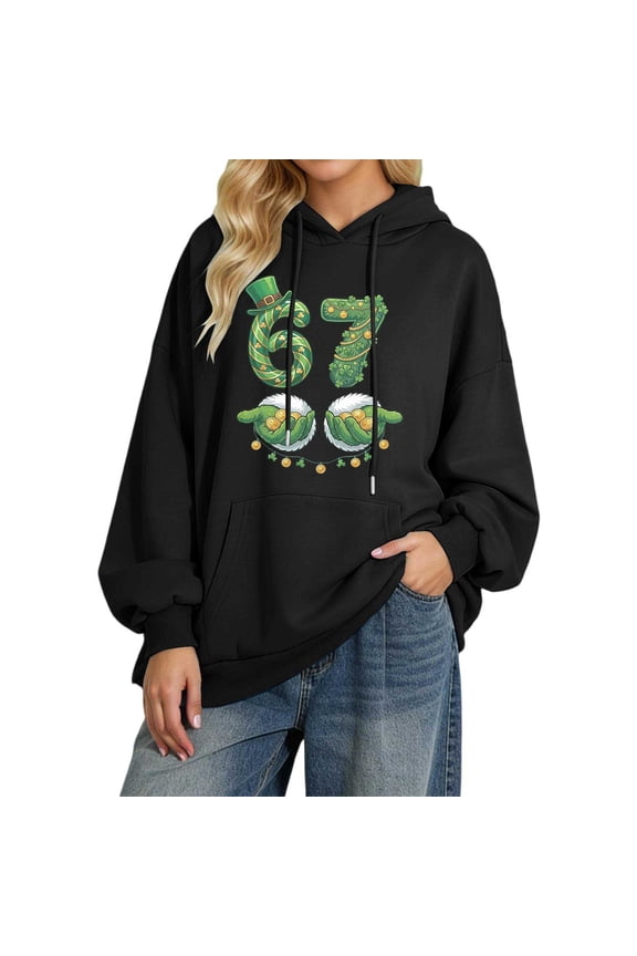 67 St. Patrick's Day Hoodie for Women Funny Top Six Seven Meme Hooded Sweatshirt Pullover,Black
