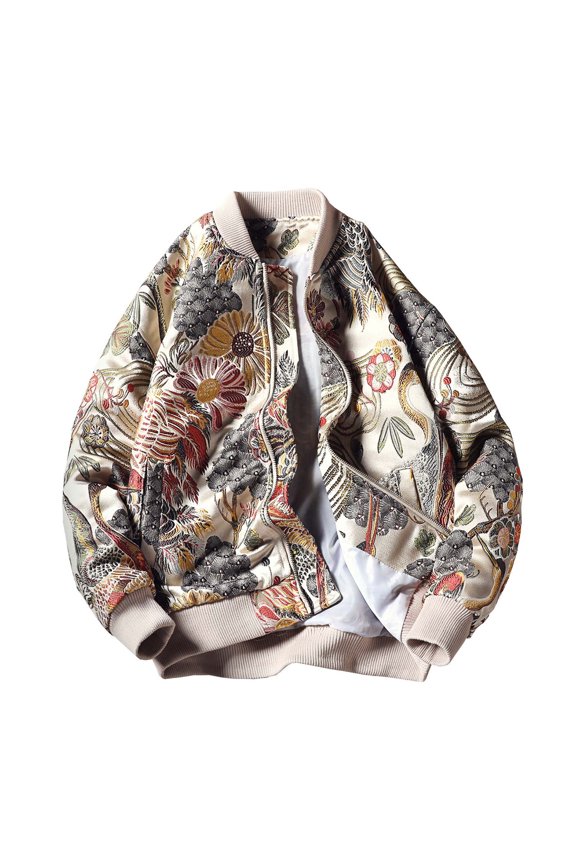 Baseball Jackets for Mens Mens Lightweight Stand Collar Long Sleeve Floral Print Zipper Outerwear Fall Windbreaker Tops White,3XL