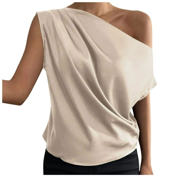 Tiweut Blouses Women Tops Summer Versatile One Shoulder Sleeveless Solid Color Elegant Party Lady Tees Beige