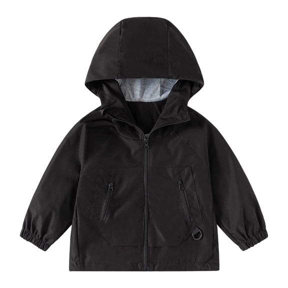 Tiweut Blouses for Boys Windbreaker Jacket Kids Lightweight Hooded Long Sleeve Solid Color Zipper Outdoor Coat for Boy Black,4-5 Y