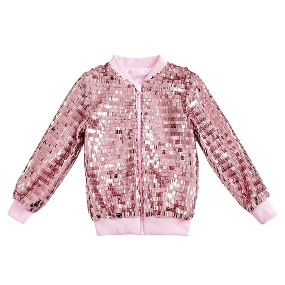 Tiweut Blouses for Girls Sequin Jackets Solid Color Long Sleeve Crew Neck Zip Up Jacket Kids Christmas Shiny Relaxed Fit Coat Pink,14-15 Y