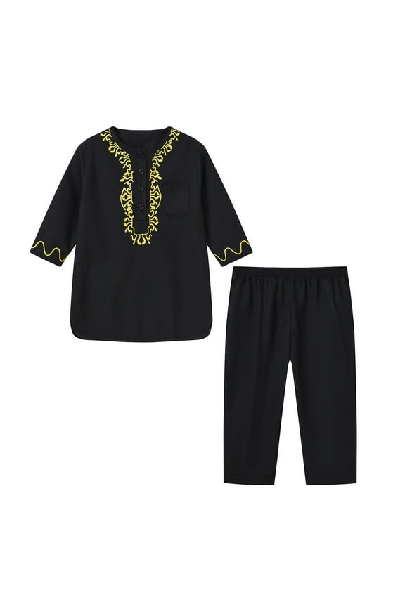 Boy 2 Piece Outfits Long Sleeve Robe Ational Teenage Embroidered Arab Suits,3-4 Y