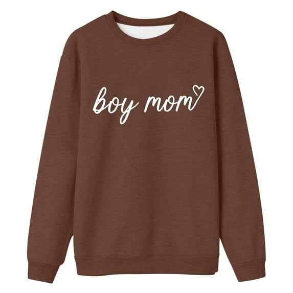 Tiweut Boy Mom Sweatshirt Women Boy Mom Heart Graphic Shirt Mom Life Sweater Casual Trendy Crewneck Pullover Tops,Coffee,3XL