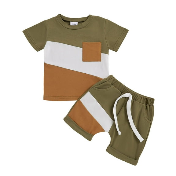 Tiweut Boys 2 Piece Outfits Toddler Short Sleeve Crew Neck Patchwork Pullover Tops Shorts Clothing Suits for Boy 6-12 M