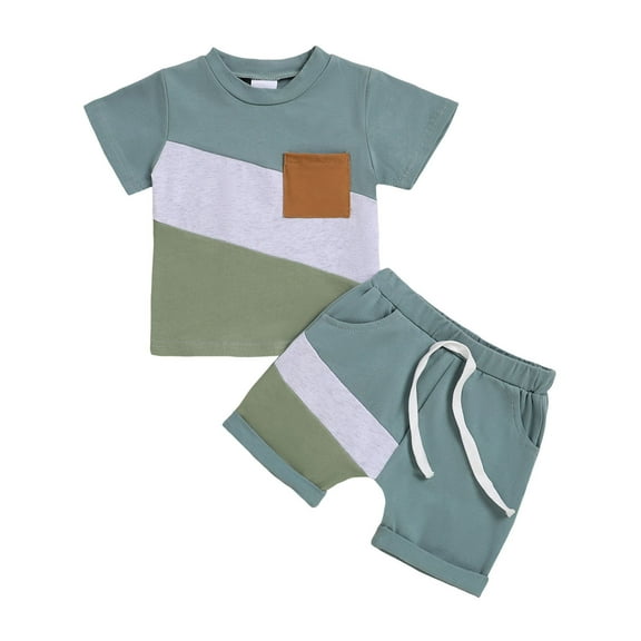 Tiweut Boys 2 Piece Outfits Toddler Short Sleeve Crew Neck Patchwork Pullover Tops Shorts Clothing Suits for Boy 6-12 M