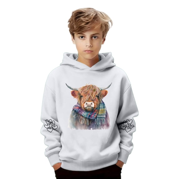 Tiweut Boys Girls Highland Cow Hoodies Costume Fleece Sherpa Lined Cute Long Sleeve Pullover Western Sweatshirt Tops,White1,2-3 Y