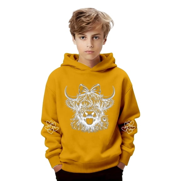 Tiweut Boys Girls Highland Cow Hoodies Sherpa Lined Cute Long Sleeve Pullover Western Sweatshirt Tops,Yellow,7-8 Y