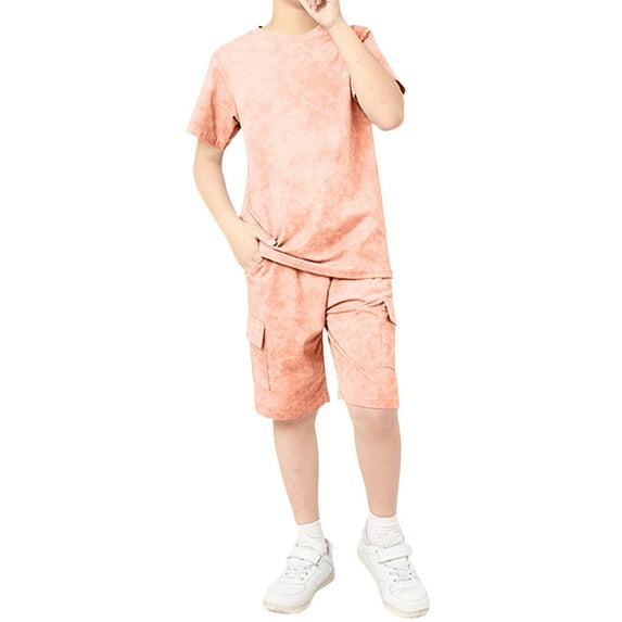 Tiweut Boys' Leisure Outfits Sets Summer Toddler Short Sleeve Crew Neck Solid Color T Shirt Tops Shorts Boy Classic Fit Clothing Suit 5-6 Y