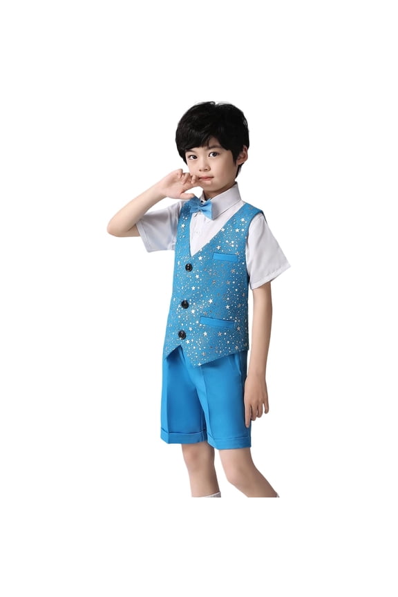 Boys Outfits Shiny Sequin Vest and Shorts Performance Cloth Set,Blue,3-4 Y
