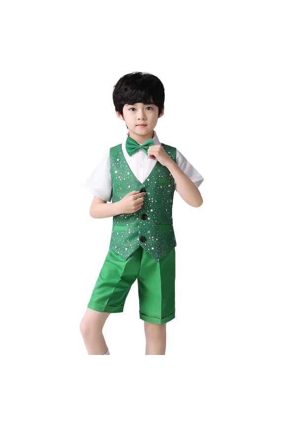 Boys Outfits Shiny Sequin Vest and Shorts Performance Cloth Set,Green,13-14 Y