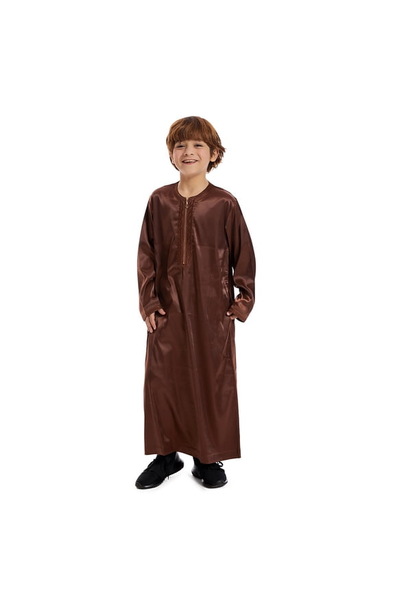 Boys Tops Arabic Thobe Long Sleeve Crew Neck Robe Teenage Embroidered Children's Wear Coat for Boy Coffee,11-12 Y