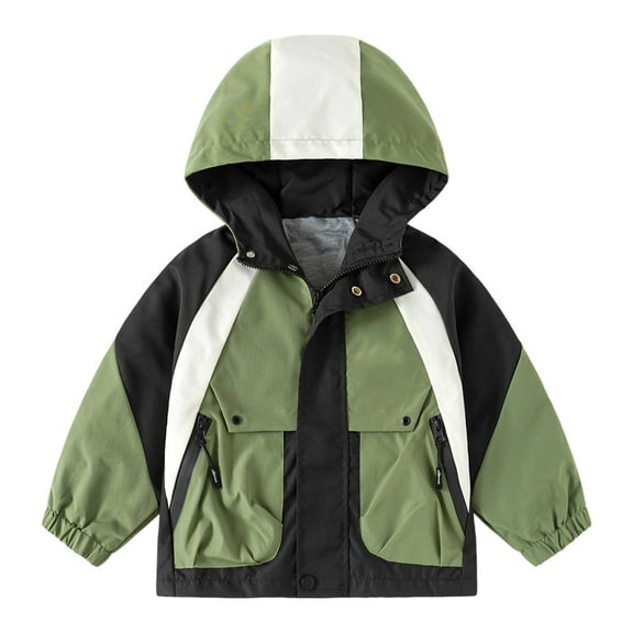 Tiweut Boys Tops Windbreaker Jacket Kids Lightweight Hooded Long Sleeve Patchwork Color Zipper Outdoor Regular Boy Coat Green,2-3 Y