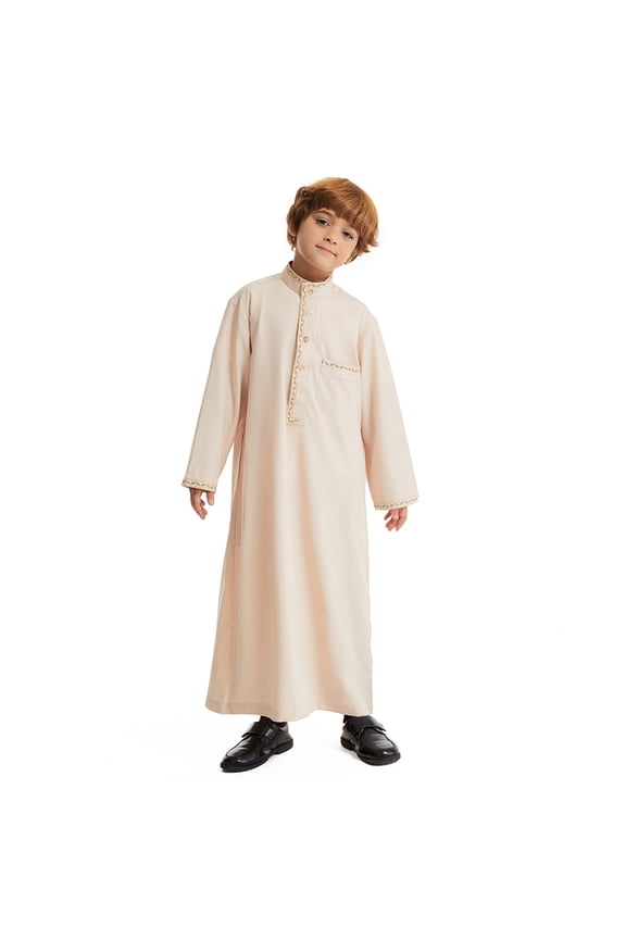 Boys's Leisure Tops Arabic Thobe Long Sleeve Crew Neck Robe Teenage Embroidered Children's Wear Relaxed Fit Coat Beige,3-4 Y