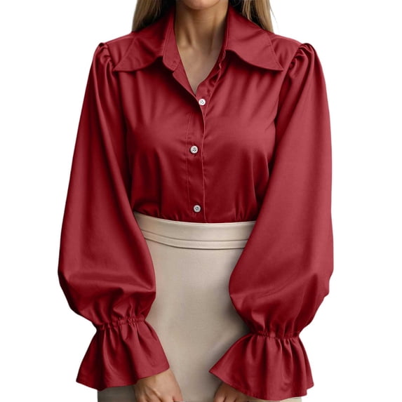 Tiweut Button Down Shirts for Women Elegant Satin Silk Long Puff Sleeve Lapel Solid Color Ladies Tops