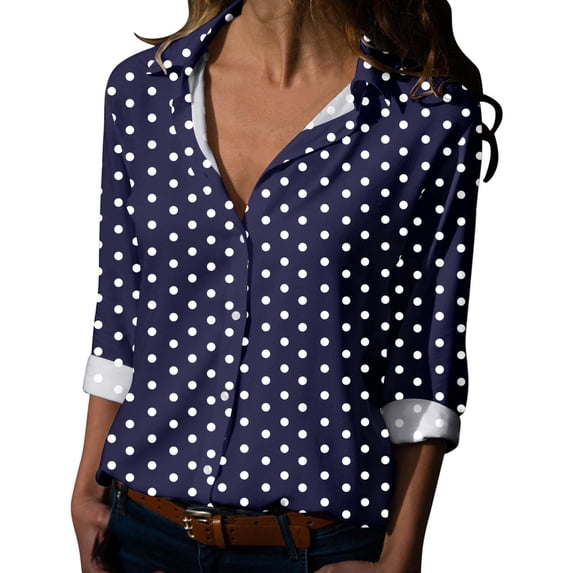 Tiweut Button Down Shirts for Women Spring Summer Dot Printed Long Sleeve V Neck Loose Relaxed Fit Tops