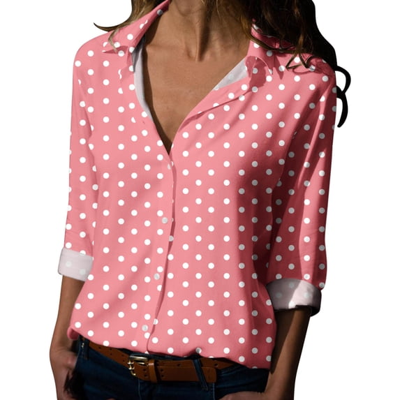 Tiweut Button Down Shirts for Women Spring Summer Dot Printed Long Sleeve V Neck Loose Relaxed Fit Tops