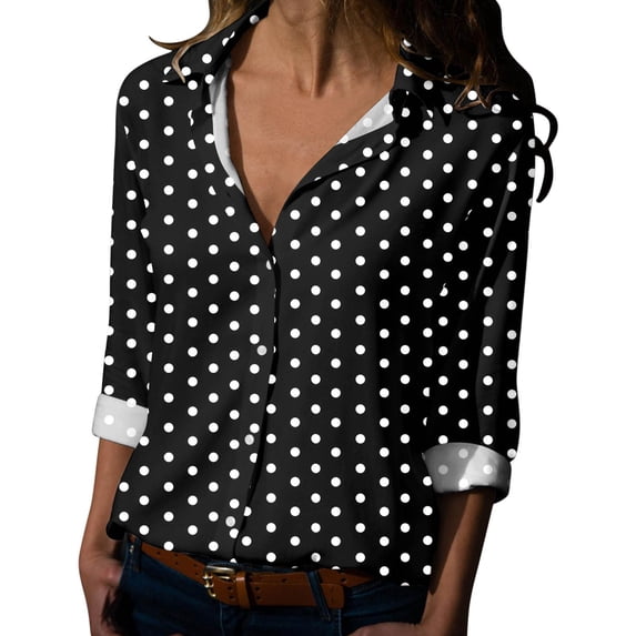 Tiweut Button Down Shirts for Women Spring Summer Dot Printed Long Sleeve V Neck Loose Relaxed Fit Tops