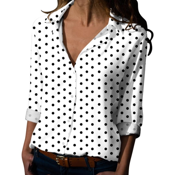 Tiweut Button Down Shirts for Women Spring Summer Dot Printed Long Sleeve V Neck Loose Relaxed Fit Tops