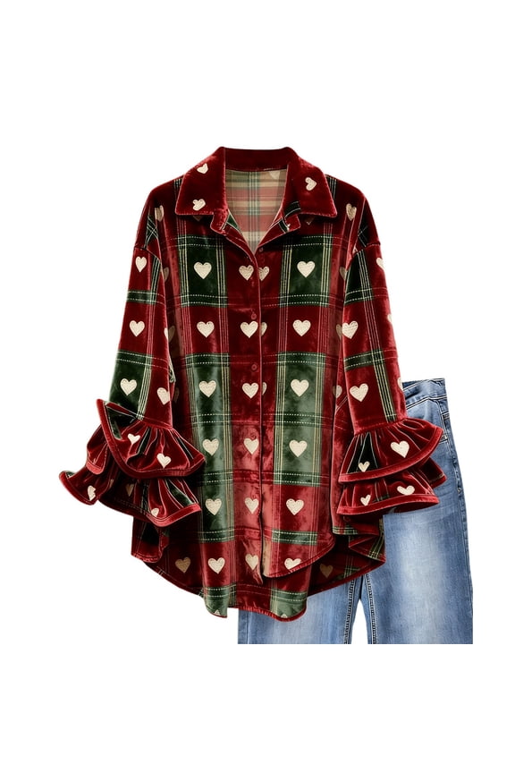 Button Down Shirts for Women Valentine's Day Retro Long Sleeve Collar Heart Design Tops