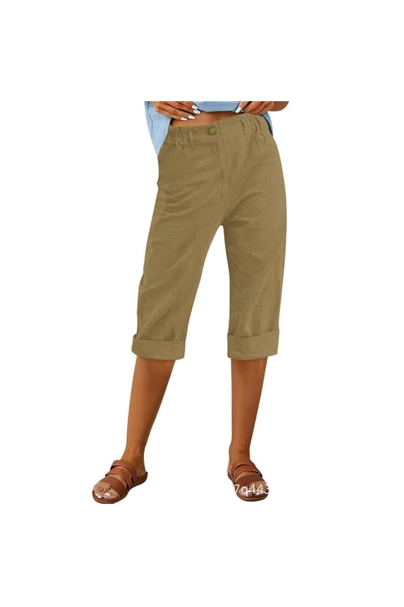 Capris Pants Women Summer Solid Color Straight Leg Elastic Waist Lady Trousers
