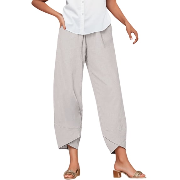 Tiweut Capris Pants for Women Linen Wide Leg Elastic Waist Solid Color Casual Trousers