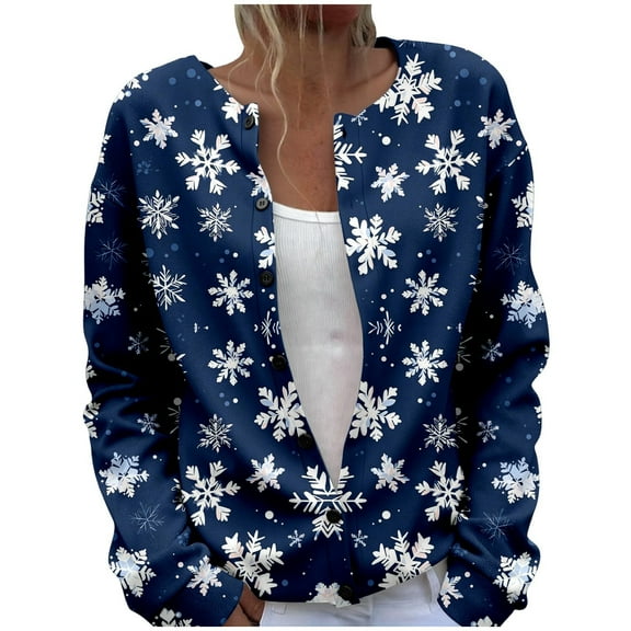 Tiweut Cardigans for Womens Christmas Snowflake Graphic Fall Winter Button Down Front Open Sweater Outwear Regular Blouses Blue,3XL