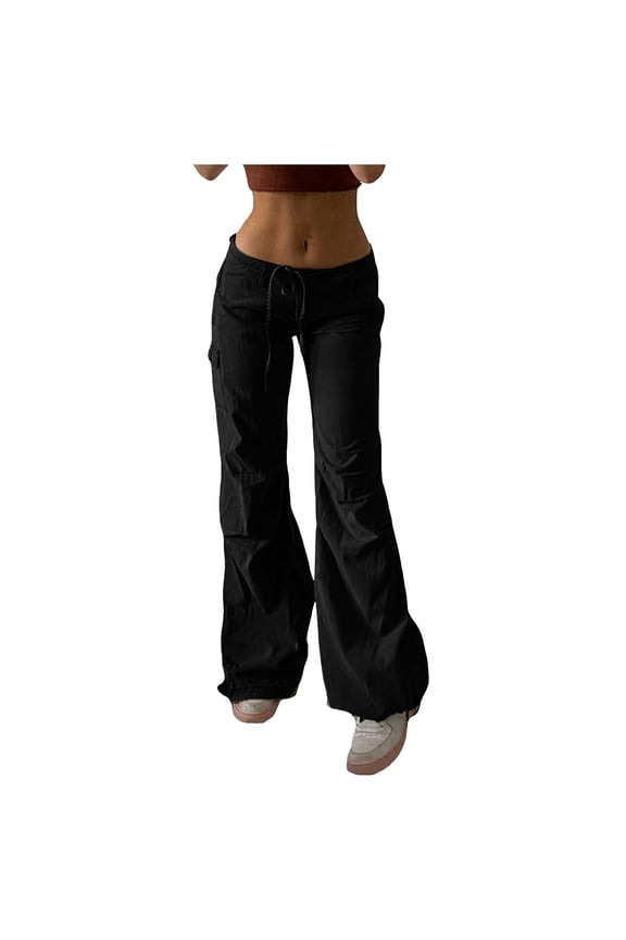 Cargo for Women Fashion Low Waist Long Wide Leg Flared Pants Elastic Waist Loose Fit Buckle with Pocket Trousers Black,2XL