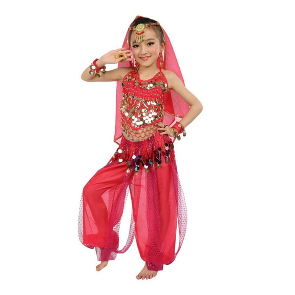 Tiweut Casual 2 Piece Outfits for Girls Handmade Children Belly Dance Short Sleeve Crew Neck Top and Pants Kids Belly Dance Clothing Suits for Girl 7-8 Y