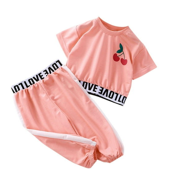 Tiweut Casual 2 Piece Outfits for Girls Baby Cherry Print Short Sleeve Tops and Pants Solid Color Clothing Suits for Girl 4-5 Y