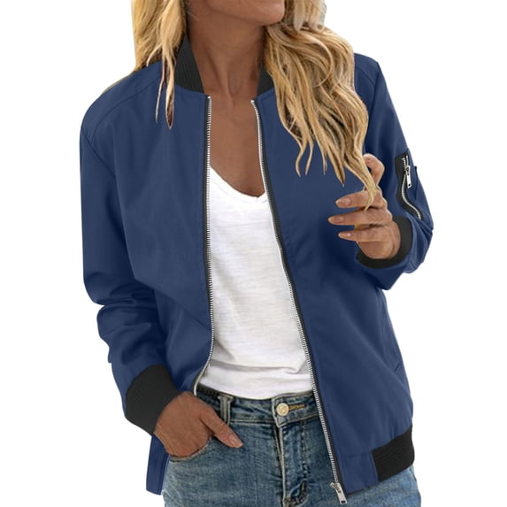 Tiweut Casual Baseball Jackets Womens Fashion Thin Long Sleeve Zipper Loose Fit Coat Blouses Dark Blue,M
