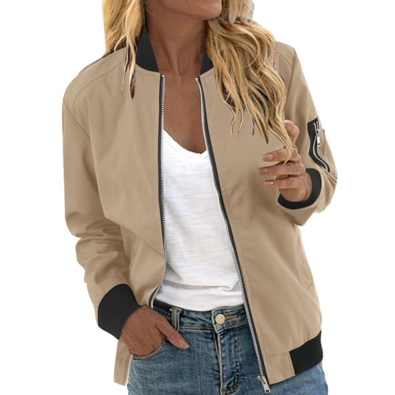 Tiweut Casual Baseball Jackets Womens Fashion Thin Long Sleeve Zipper Loose Fit Coat Blouses Khaki,XL