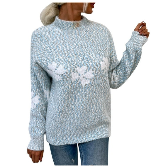 Tiweut Casual Christmas Sweaters Womens Long Sleeve High Neck Loose Fit Pullover Snowflake Graphic Knit Regular Tops,Sky Blue,M