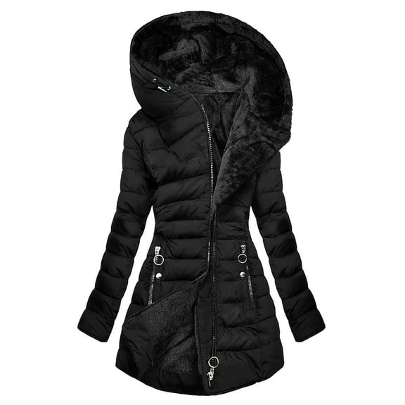 Tiweut Casual Coats Womens Winter Solid Color Padded Zipper Long Sleeve Hooded Outerwear Coat with Pocket Blouses Black,2XL