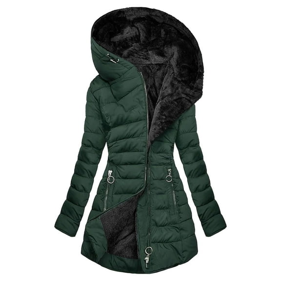 Tiweut Casual Coats Womens Winter Solid Color Padded Zipper Long Sleeve Hooded Outerwear Coat with Pocket Blouses Green,S