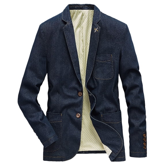 Tiweut Casual Denim Jackets Mens Mens Lapel Long Sleeve Slim Fit Suit Style Cuffs Coat with Pocketst Blouses Dark Blue,M