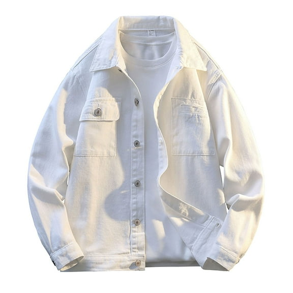 Tiweut Casual Denim Jackets for Men Solid Color Loose Fit Button Down Streetwear Regular Outerwear White,L