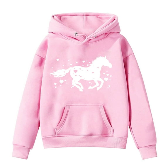 Tiweut Casual Hoodies Girls Kids Horse Print Long Sleeve Hooded Sweatshirt Loose Fit Clothes with Pocket Blouses 6-7 Y