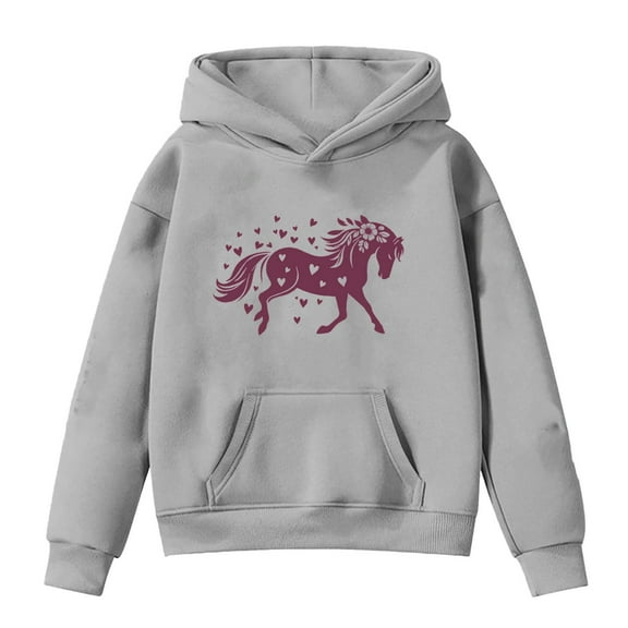 Tiweut Casual Hoodies Girls Kids Horse Print Long Sleeve Hooded Sweatshirt Loose Fit Clothes with Pocket Blouses,Z1 Grey,10-11 Y
