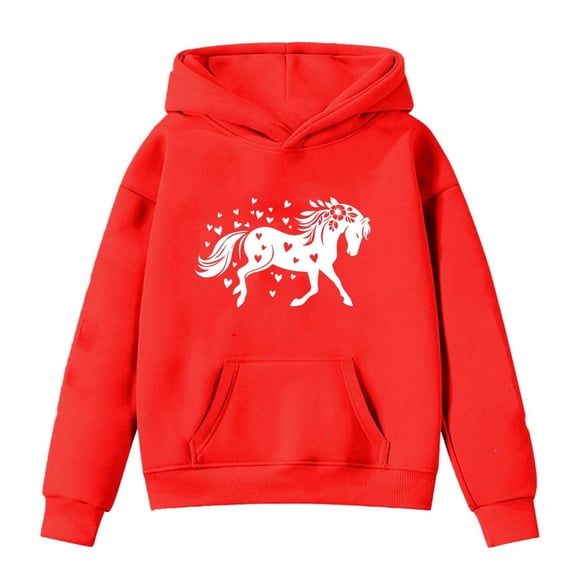 Tiweut Casual Hoodies Girls Kids Horse Print Long Sleeve Hooded Sweatshirt Loose Fit Clothes with Pocket Blouses,Z1 Red,10-11 Y